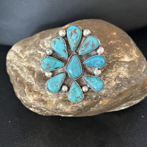 Navajo Blue Turquoise Cluster Ring | Authentic Native American Sterling Silver | Multi-Stone | Sz 7.5 | 14746