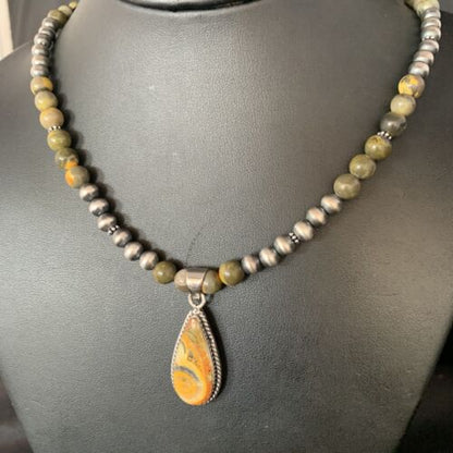 Men's Navajo Pearls Necklace | Gold Bumblebee Jasper Pendant | Sterling Silver | Native American Handmade | 13811
