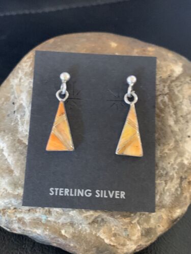 Navajo Orange Spiny Oyster Inlay Earrings | Sterling Silver | Minimalist Dangle | 12678