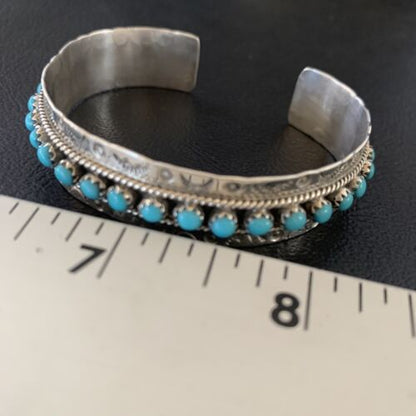 Native American Zuni Blue Turquoise Cuff Bracelet | Sterling Silver Handmade | 12694 - Masha USA