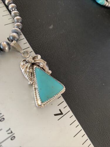 Navajo Pearls Sterling Silver Necklace with Blue Kingman Turquoise Pendant | Authentic Native American Handmade | 12496