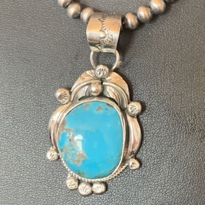 Men's Navajo Pearls Necklace with Blue Kingman Turquoise Pendant | Sterling Silver | Native American Handmade | 12596
