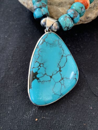 Navajo Pearls Spiderweb Spiny Oyster Turquoise Necklace Pendant | Sterling Silver | Southwestern Native American | 00833