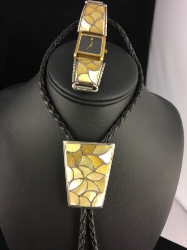 Ultra Rare Zuni Yellow Mother of Pearl Bolo Tie & Watch Set | Authentic Native American Sterling Silver | 3114