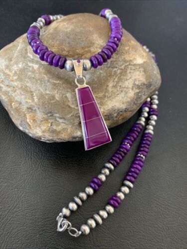 Authentic Native American Navajo Pearl Necklace with Purple Sugilite Pendant | Sterling Silver | 18" | 12349