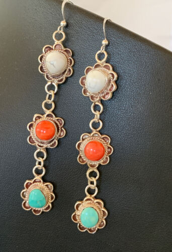 Navajo Spiny, Turquoise & Howlite Dangle Earrings | Sterling Silver | Authentic Native American Handmade | 1573