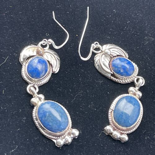 Navajo Denim Lapis Dangle Earrings | Sterling Silver | 2" | Authentic Native American Handmade | 01794