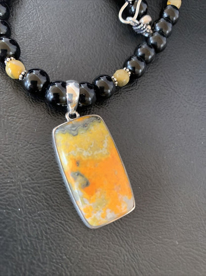 Men's Navajo Pearls Onyx Bumblebee Jasper Necklace Pendant | Sterling Silver | Native American Handmade | 10326