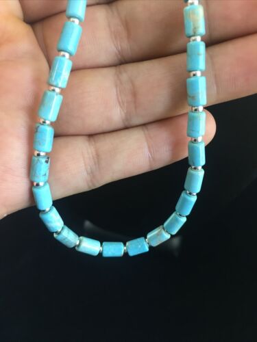 Native American Blue Turquoise Tube Necklace | Sterling Silver | 20" | 10009 - Masha USA