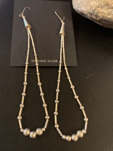 Navajo XL Liquid Heishi Sterling Silver Pearls Beads Earrings | 4" | Authentic Native American Handmade | 13034