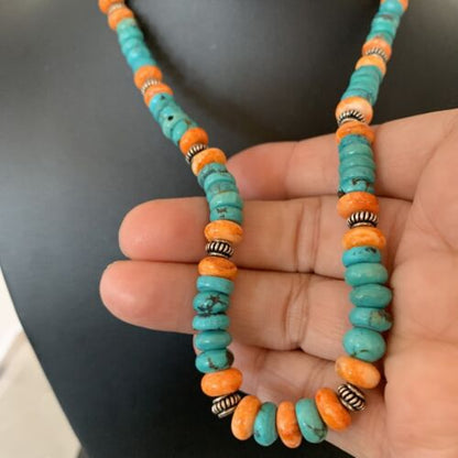 Navajo Blue Turquoise & Spiny Oyster Necklace | Sterling Silver | Authentic Native American Handmade | 18" | 1676