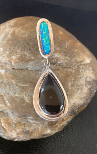 Navajo Black Onyx Blue Opal Inlay Pendant | Sterling Silver | Authentic Native American Handmade | 12885