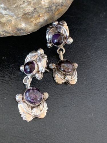 Navajo Purple Sugilite Post Dangle Earrings | Sterling Silver | Authentic Native American Handmade | 1599