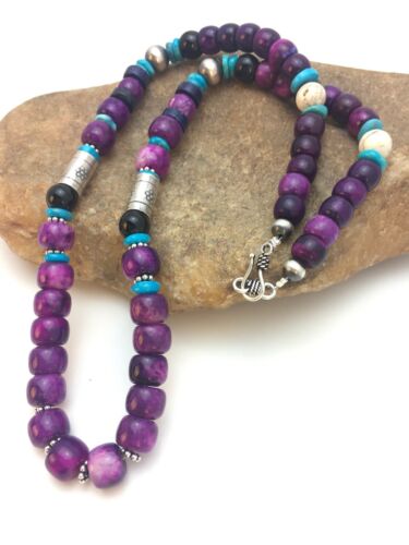 Navajo Purple Sugilite Turquoise Bead Necklace | Sterling Silver | Authentic Native American Handmade | 22" | 8913