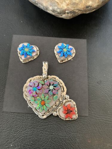 Zuni Multi-Color Opal & Mother of Pearl Necklace Pendant Earrings Set | Sterling Silver | Authentic Native American Handmade | 12560