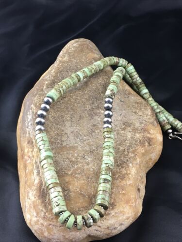 Navajo Men's Green Turquoise Heishi Necklace | Sterling Silver | 8mm | 22" | Authentic Native American Handmade | 10137