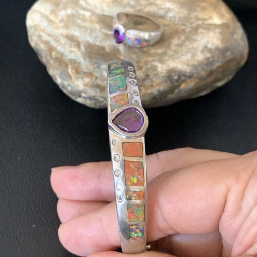 Old Pawn Navajo Opal Amethyst Bracelet | Sterling Silver | 7" | Sz 7 | Authentic Native American Handmade | 13121