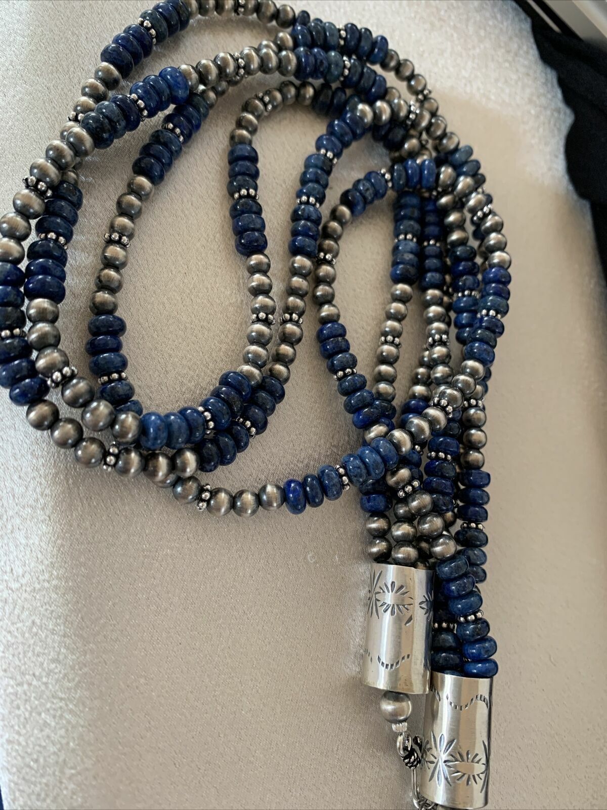 Navajo Pearls Denim Lapis Necklace | 3 Strand Sterling Silver | 21" | Authentic Native American Handmade | 929