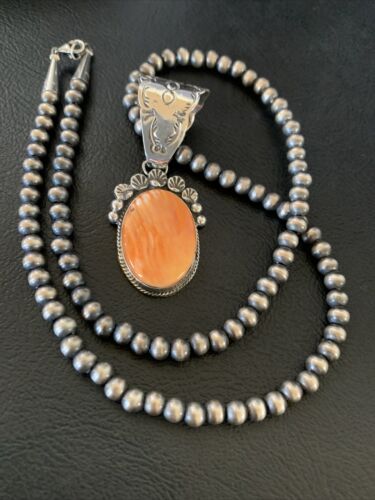 Navajo Orange Spiny Oyster Pendant Necklace | Sterling Silver | Authentic Native American Handmade | 13083