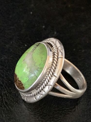 Native American Green Gaspeite Ring | Navajo Sterling Silver | Sz 8.5 | 13779