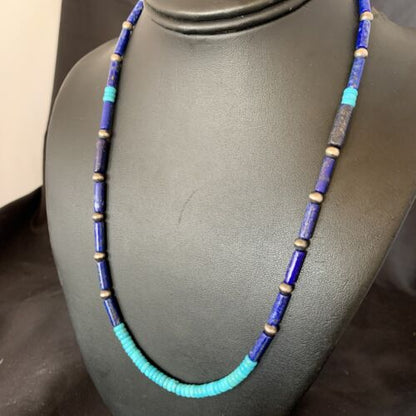Native American Men's Navajo Lapis Turquoise Bead Necklace | Sterling Silver | 21" | 12471