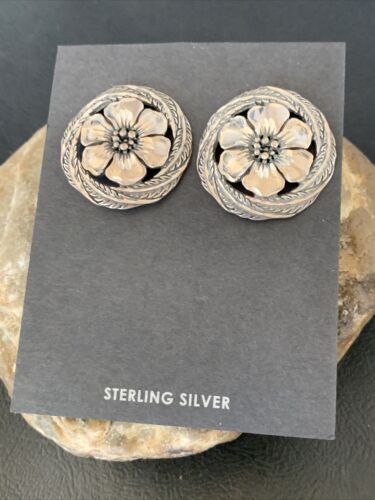 Old Pawn Southwestern Sterling Silver Stud Earrings | Diamond Cut | 1" | 12992