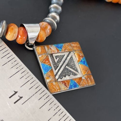 Navajo Pearls Sterling Silver Necklace | Orange Spiny Oyster Opal Inlay Pendant | 11383