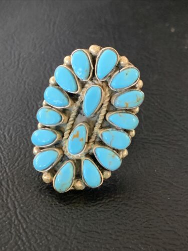 Navajo Blue Cluster Turquoise Needlepoint Ring | Authentic Native American Sterling Silver | Multi-Stone | Sz 8 | 11942