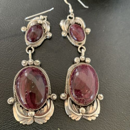 Navajo Purple Spiny Oyster Dangle Earrings | Sterling Silver | Authentic Native American Handmade | 12179
