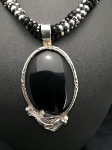 Navajo Pearls Sterling Silver Black Onyx Necklace | 3 Strand Pendant | 23" | Authentic Native American Handmade | 1012
