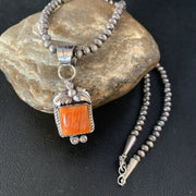 Navajo Orange Spiny Oyster Square Pendant Necklace | Sterling Silver | Authentic Native American Handmade | 13642