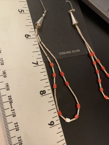 XL Coral Heishi Beads Earrings | Sterling Silver Navajo Pearls | 4" | Authentic Native American Handmade | 13033