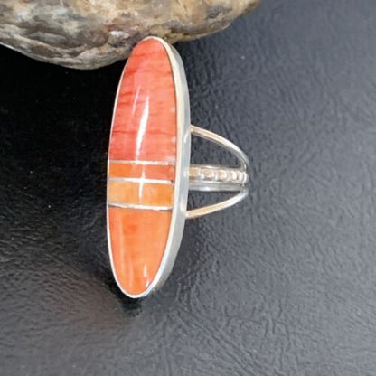 Navajo Red Spiny Oyster Inlay Ring | Sterling Silver | Sz 5 | Authentic Native American Handmade | 11585