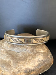 Men's Navajo Handmade Stamped Sterling Silver Cuff Bracelet with 12K Gold | Authentic Native American | 13676