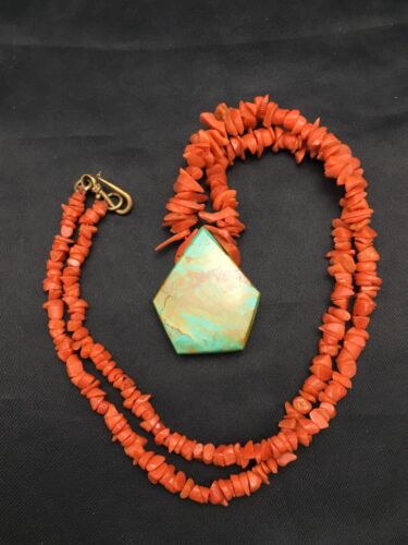 Native American Turquoise Coral Pendant Necklace | Brass Old Pawn | 19" | 4002