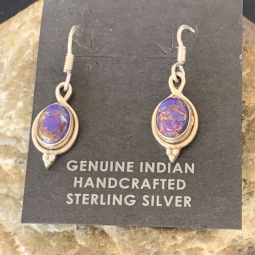 Navajo Purple Turquoise Dangle Inlay Earrings | Sterling Silver | Authentic Native American Handmade | 12683