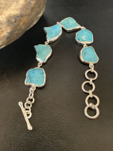 Navajo Blue Kingman Turquoise Rough Link Bracelet | Sterling Silver | 8" | 11651