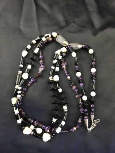 Navajo Black Onyx Mother of Pearl 3-Strand Turquoise Bead Necklace | Sterling Silver | 27" | 10150