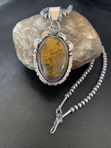 Men's Navajo Pearl Necklace with Sterling Silver Coffee Tiger's Eye Pendant | Authentic Native American Handmade | 11688 - Masha USA
