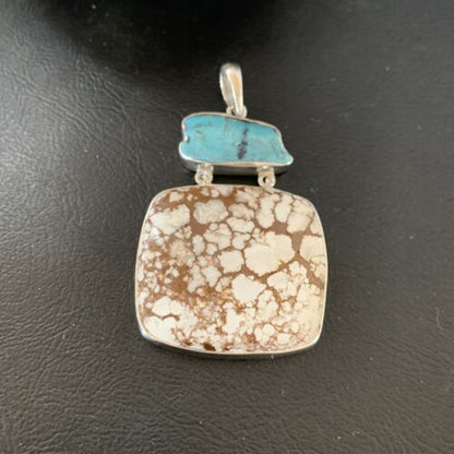 Navajo Wild Horse & Blue Kingman Turquoise Sterling Silver Pendant | Multi-Stone | 12042