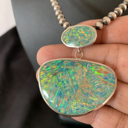 Navajo Blue Gilson Opal Inlay Pendant Necklace | Authentic Native American Sterling Silver | Multi-Stone | 11457 - Masha USA