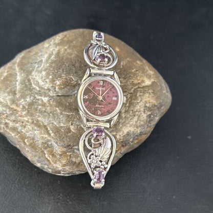 Authentic Navajo Sterling Silver Wrist Watch Tips | Purple Amethyst Feather Design | Women's Jewelry | 14315