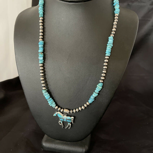 Navajo Horse Inlay Pendant | Blue Turquoise Opal | Sterling Silver | Authentic Native American Handmade | 11328