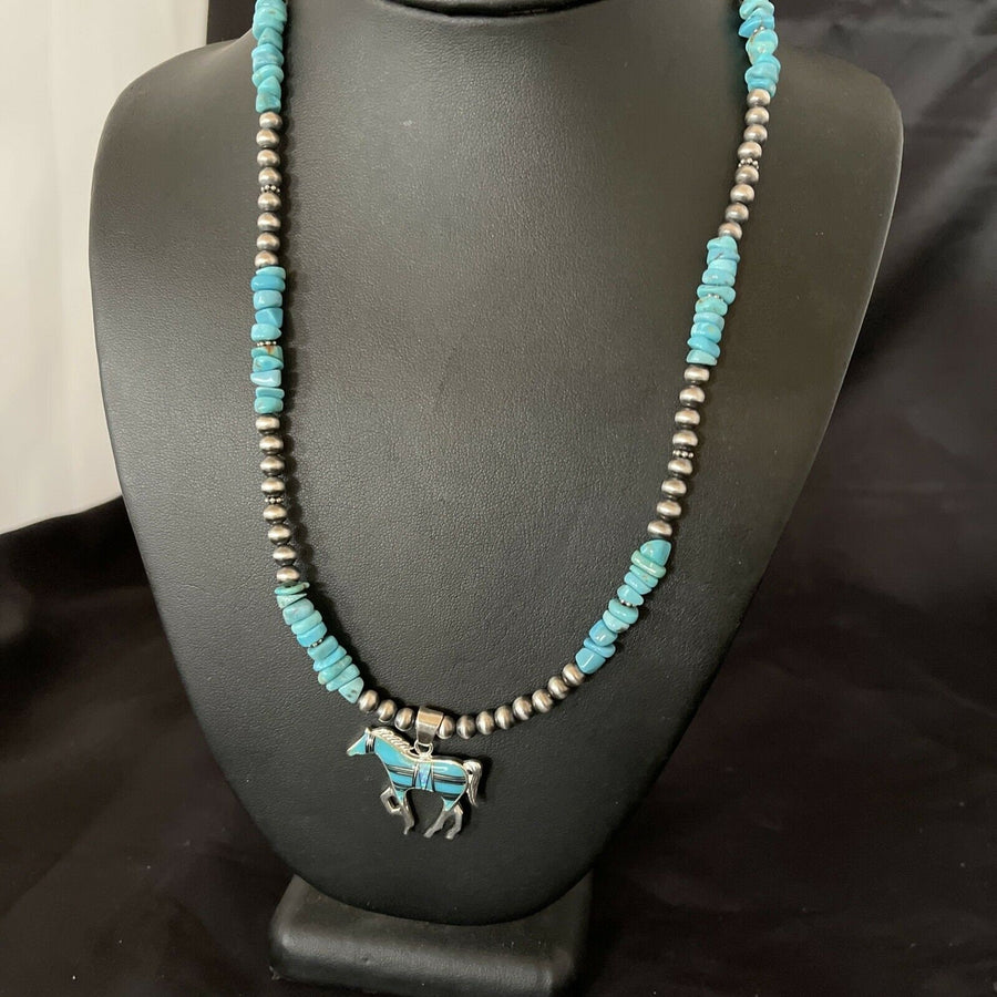 Navajo Horse Inlay Pendant | Blue Turquoise Opal | Sterling Silver | Authentic Native American Handmade | 11328