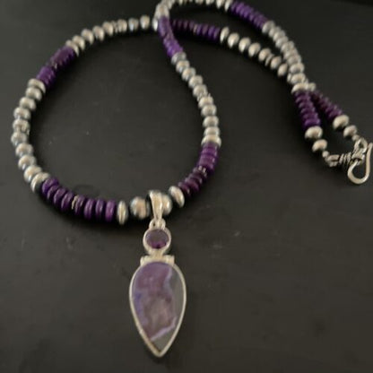Navajo Pearls Necklace with Purple Sugilite Pendant | Sterling Silver | Multi-Stone | 11334