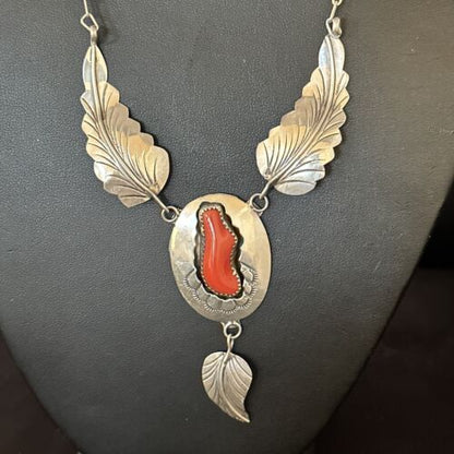 Navajo Red Coral Pendant Necklace | Sterling Silver | Authentic Native American Handmade | 18" | 14481