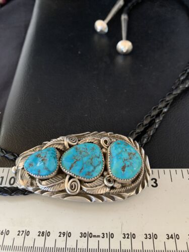 Ultra Rare Navajo Men's Bolo Tie | Blue Kingman Turquoise | Sterling Silver | Native American Handmade | 13668