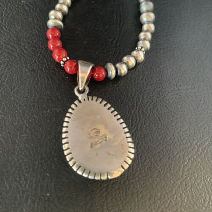 Navajo Red Apple Coral Pendant Necklace | Sterling Silver Beads | Authentic Native American Handmade | 13438