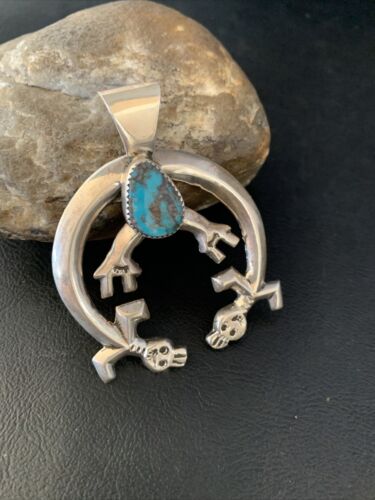 Navajo Bisbee Turquoise Naja Pendant | Sterling Silver | Men's Native American Handmade Necklace | 13796