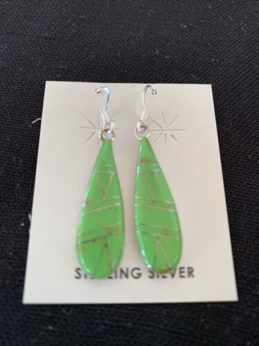 Southwestern Navajo Green Gaspeite Inlay Earrings | Sterling Silver | 1.5" | 977